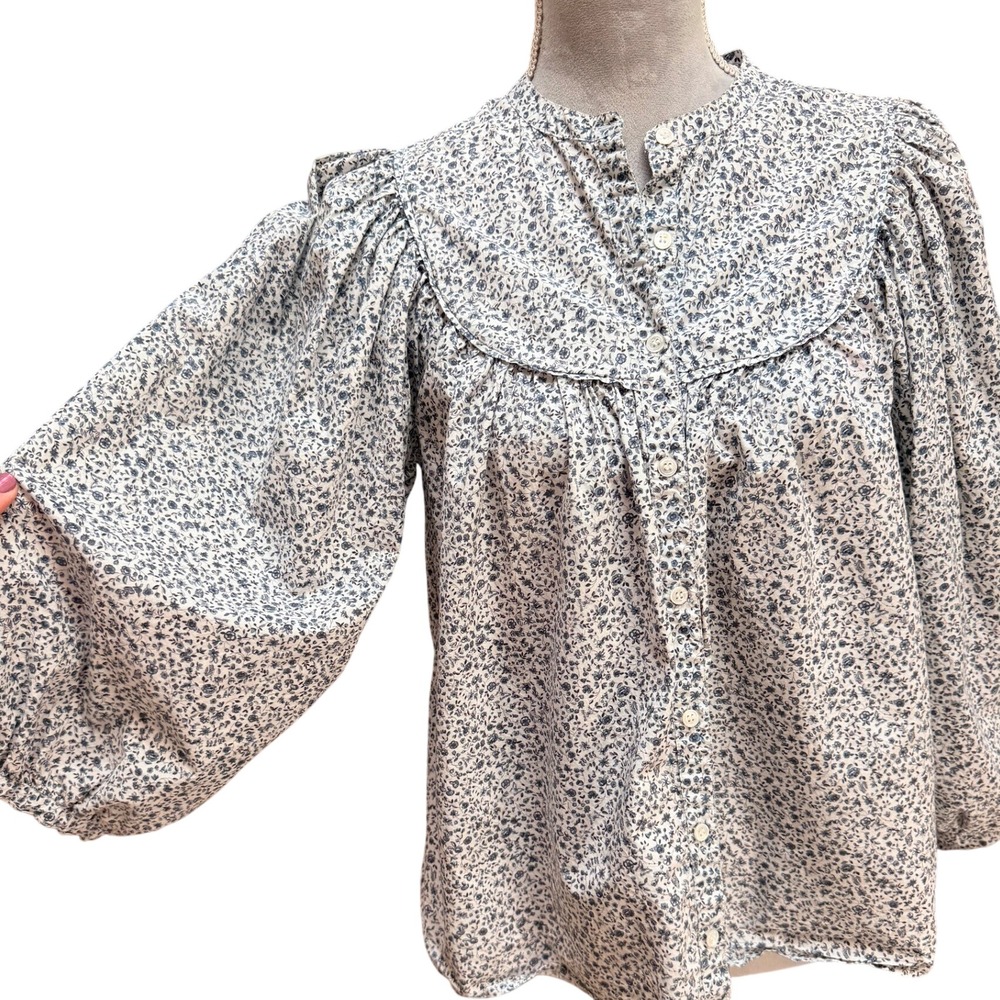 DÔEN Berkley Top Blouse Blue Ditsy Floral Cotton Puff Sleeve Button Up Top XS